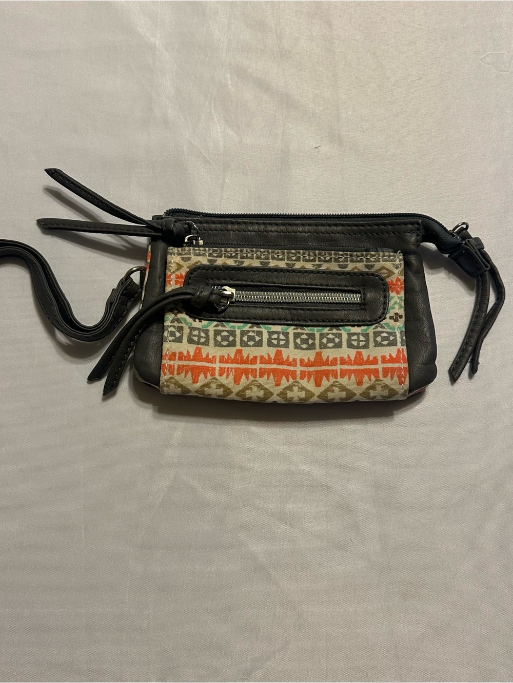 Grey Wristlet with Orange and Teal Geometric Print